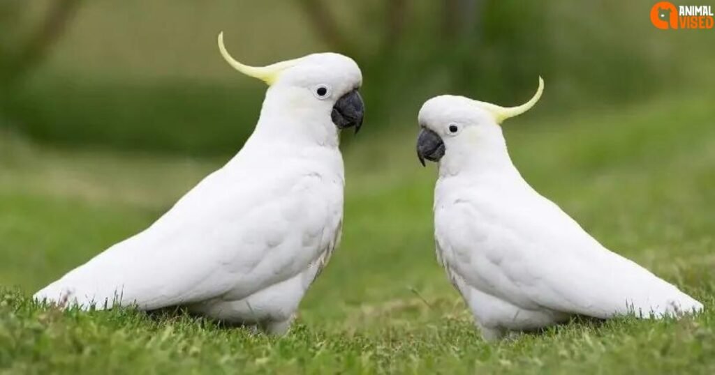 two yellow crested cockatoos on the ground