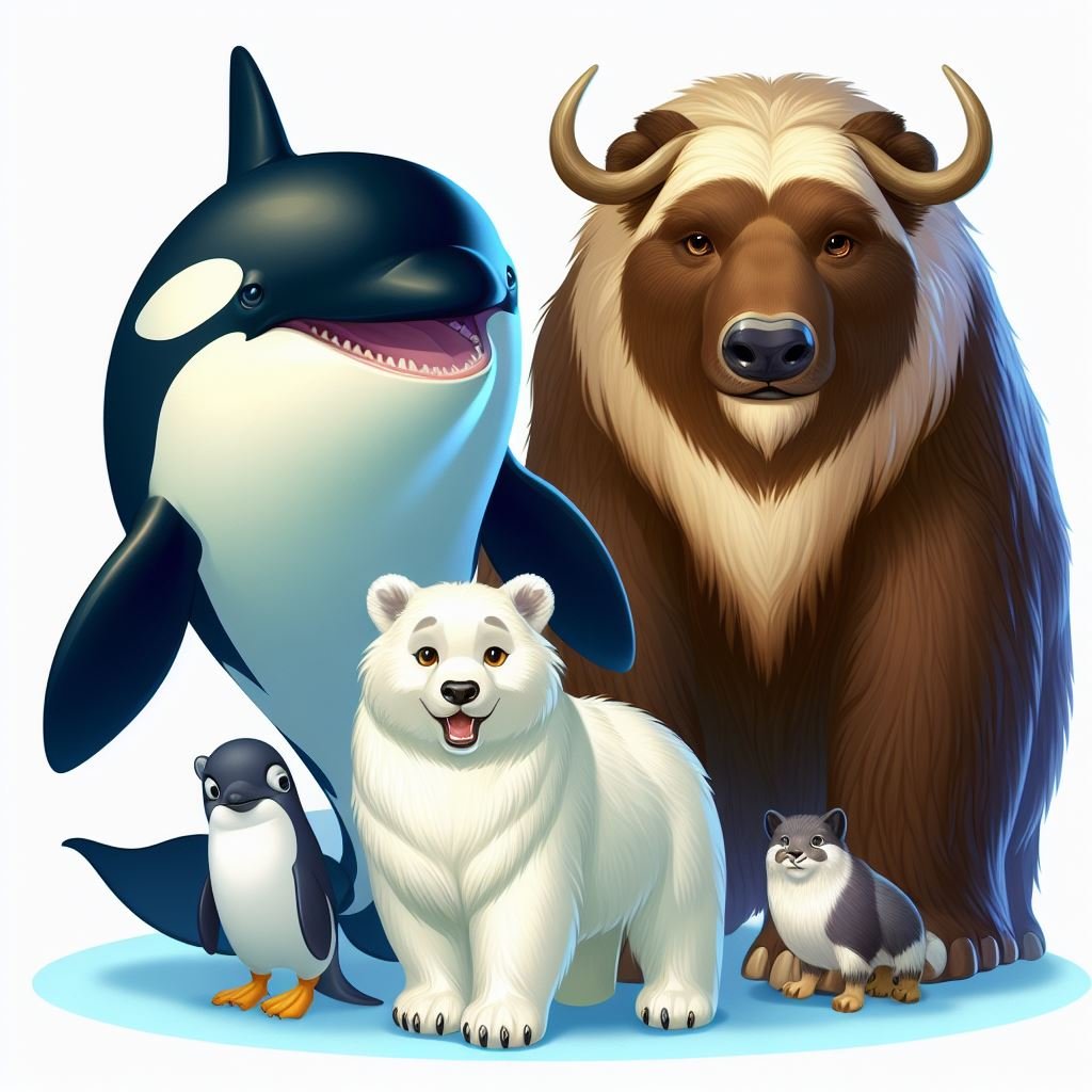 An elegant cartoon image of a polar bear, an orca whale birds
