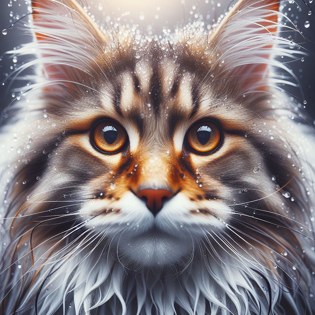 Cat bath tabby maine coon cat playing with water Premium AI Image
