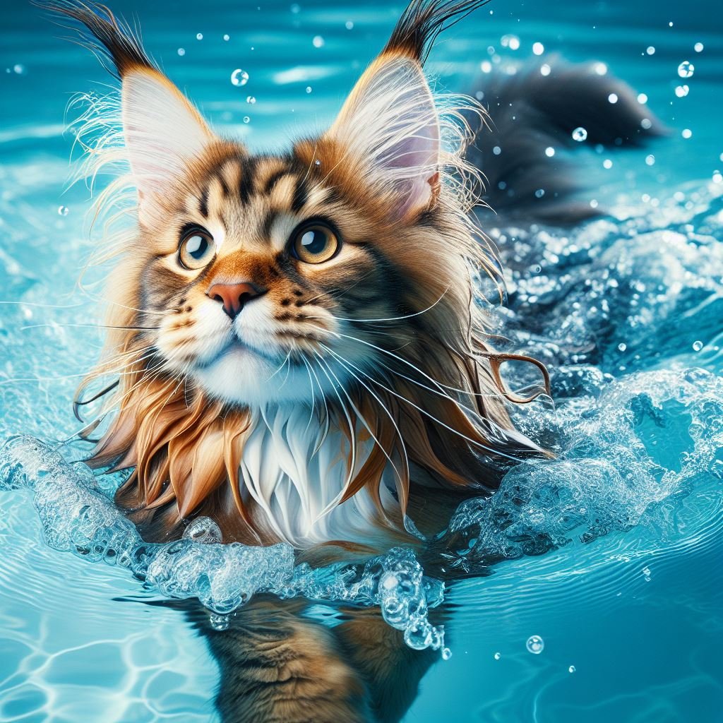 beautiful maine coon cat water